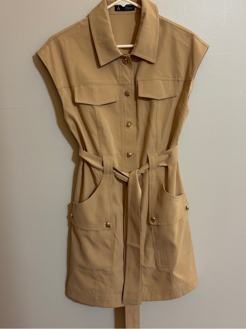 Anewsta Sleeveless Utility Trench Dress in Tan with Self-Tie Waist